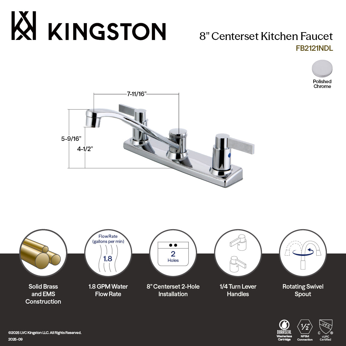 Kingston NuvoFusion FB2121NDL Two-Handle 2-Hole 8" Centerset Kitchen Faucet, Polished Chrome — thumbnail 2